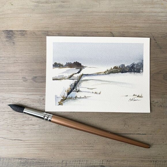 Original Watercolor Landscape Painting "Midwinter" Country Snow Art 5x7 Signed - Picture 2 of 3